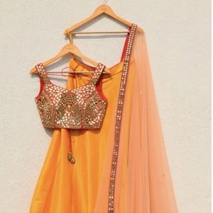 Indian South Asian Anarkali lehenga yellow peach mango